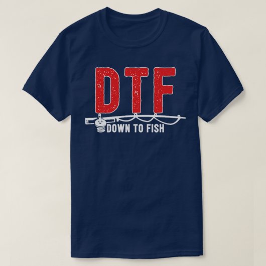 DTFダウン魚へのおもしろい魚釣りキャンプ旅行 Tシャツ (デザイン正面)