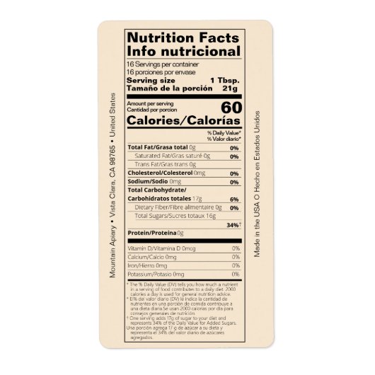 Dual English/Honey スペインの Nutrition Facts Product ラベル (正面)