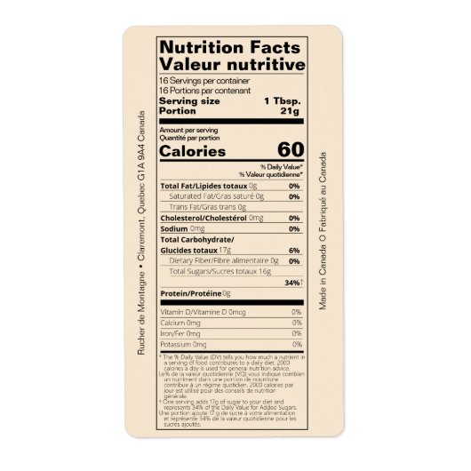 Dual English/Honey フランスの Nutrition Facts Product ラベル (正面)