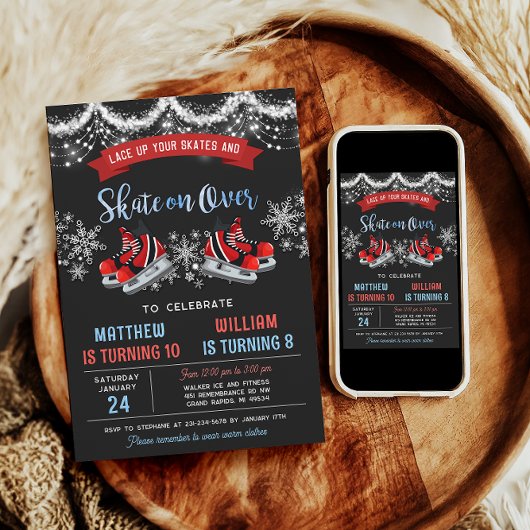 Dual Ice Skating Birthday Invitation for Boys 招待状