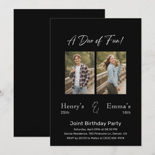 Dual Photo Milestone Double Joint Birthday Party 招待状 (正面/裏面)