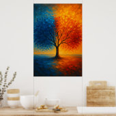 Dual Seasons Tree — Vibrant Blue & Orange Art ポスター (キッチン)