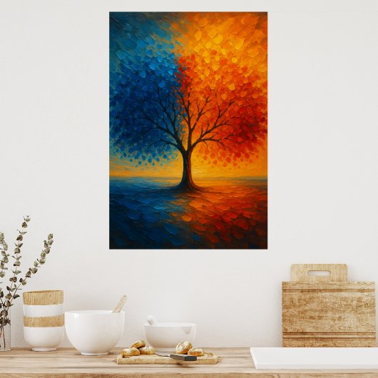 Dual Seasons Tree — Vibrant Blue & Orange Art ポスター (キッチン)