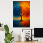 Dual Seasons Tree — Vibrant Blue & Orange Art ポスター (ホームオフィス)