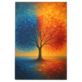 Dual Seasons Tree — Vibrant Blue & Orange Art メタルプリント