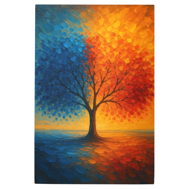 Dual Seasons Tree — Vibrant Blue & Orange Art メタルプリント (正面)