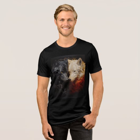 Duality Wolves – Black & White Spirit Art トライブレンドＴシャツ (正面全面)