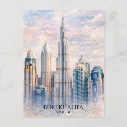 Dubai Burj Khalifa Luxury City Skyline Watercolor シーズンポストカード (正面)
