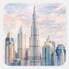 Dubai Burj Khalifa Luxury City Skyline Watercolor  スクエアシール