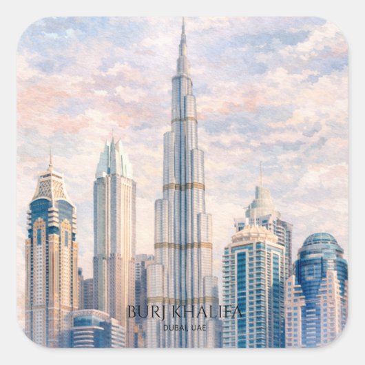 Dubai Burj Khalifa Luxury City Skyline Watercolor スクエアシール (正面)
