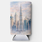 Dubai Burj Khalifa Luxury City Skyline Watercolor スリム缶クーラー (正面)