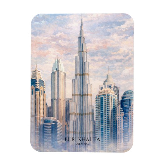 Dubai Burj Khalifa Luxury City Skyline Watercolor マグネット (縦)