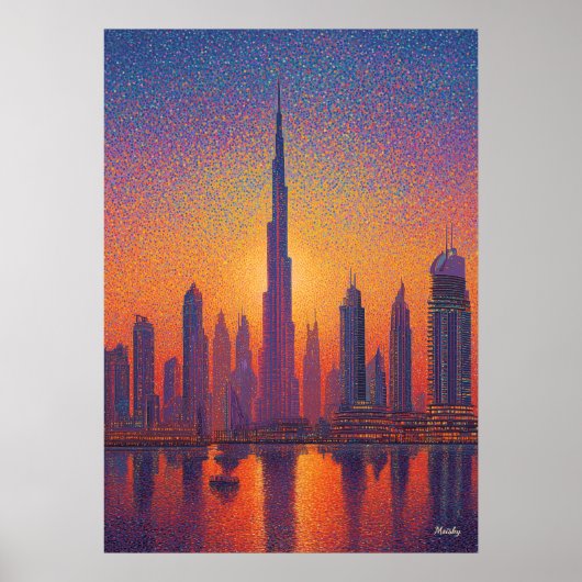 Dubai Burj Khalifa Pointillism Skyline Sunset ポスター (正面)