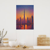 Dubai Burj Khalifa Pointillism Skyline Sunset ポスター (キッチン)