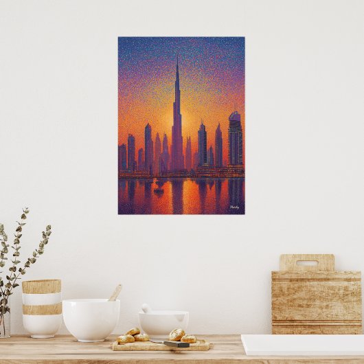 Dubai Burj Khalifa Pointillism Skyline Sunset ポスター (キッチン)