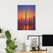 Dubai Burj Khalifa Pointillism Skyline Sunset ポスター (ホームオフィス)