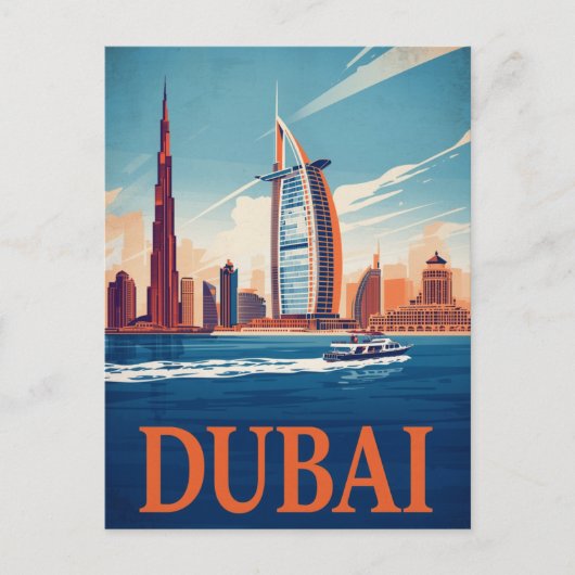 Dubai Marina Skyline & Boat Retro ポストカード (正面)