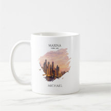 Dubai Marina Skyline Watercolor City Lights Travel