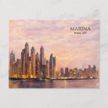 Dubai Marina Skyline Watercolor City Lights Travel