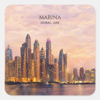 Dubai Marina Skyline Watercolor City Lights Travel スクエアシール