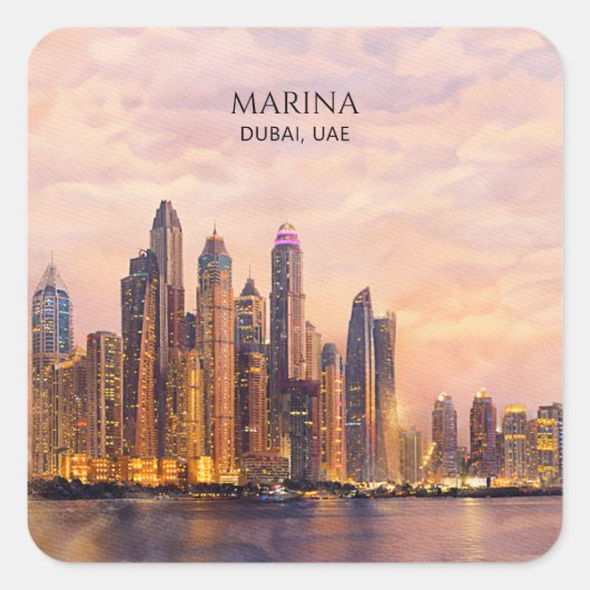 Dubai Marina Skyline Watercolor City Lights Travel スクエアシール (正面)