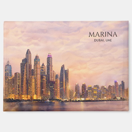 Dubai Marina Skyline Watercolor City Lights Travel マグネット (正面)