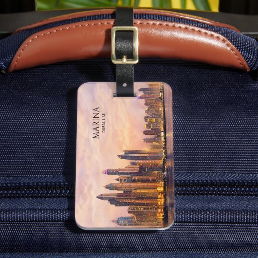 Dubai Marina Skyline Watercolor City Lights Travel ラゲッジタグ (正面インサイチュ2)