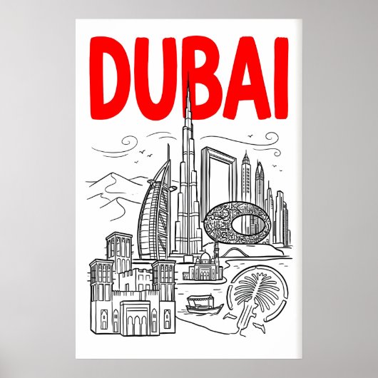 Dubai Skyline Wall Art - Minimalist Black Outline ポスター (正面)