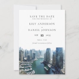 Dubai Skyline Watercolor Elegant Wedding セーブザデート