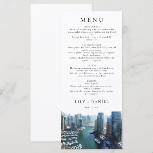 Dubai Skyline Watercolor Elegant Wedding メニュー (正面/裏面)