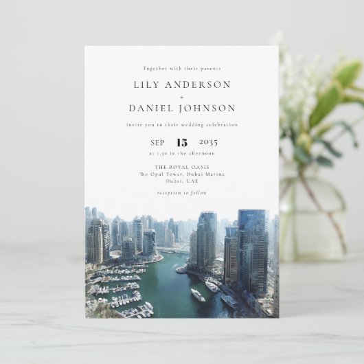 Dubai Skyline Watercolor QR Code Wedding 招待状 (スタンド正面)