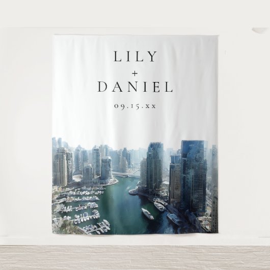 Dubai Skyline Wedding Photo Backdrop タペストリー (正面)
