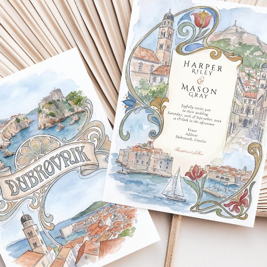 Dubrovnik Croatia Landmarks Watercolor Wedding 招待状