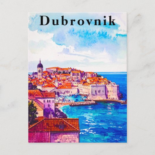 Dubrovnik Retro Watercolor Old Town Travel ポストカード (正面)