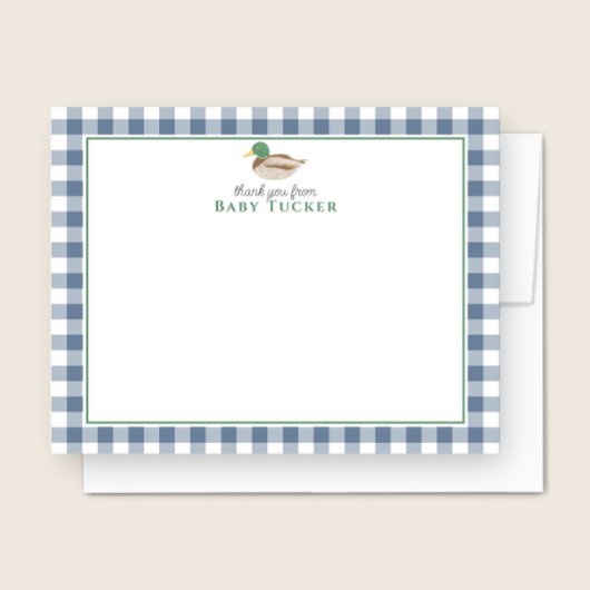 Duck Baby Boy Thank You Blue Gingham Stationery ノートカード