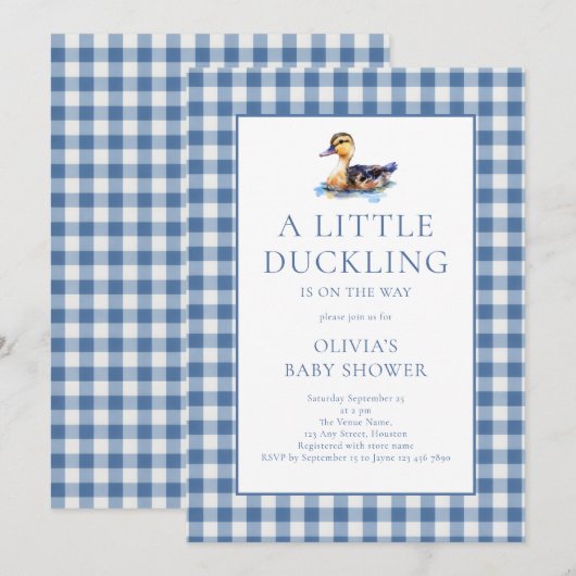 Duck Blue Gingham Baby Shower 招待状 (正面/裏面)