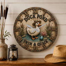 Duck Pond Funny Farm Duck Rustic Lakehouse ラージ壁時計