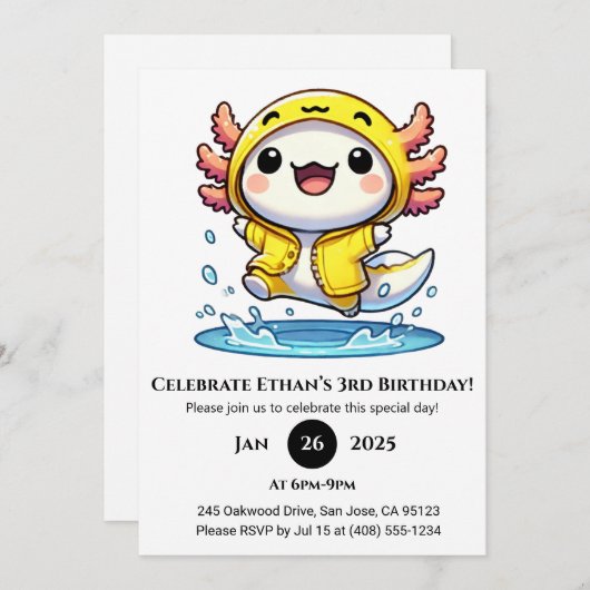 Duck Raincoat Axolotl Birthday 招待状 (正面/裏面)