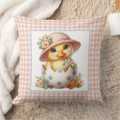 Duckling Chick in Easter Egg on Pink Gingham Plaid クッション (ブランケット)