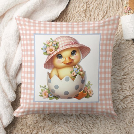 Duckling Chick in Easter Egg on Pink Gingham Plaid クッション (ブランケット)