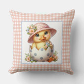 Duckling Chick in Easter Egg on Pink Gingham Plaid クッション (正面)