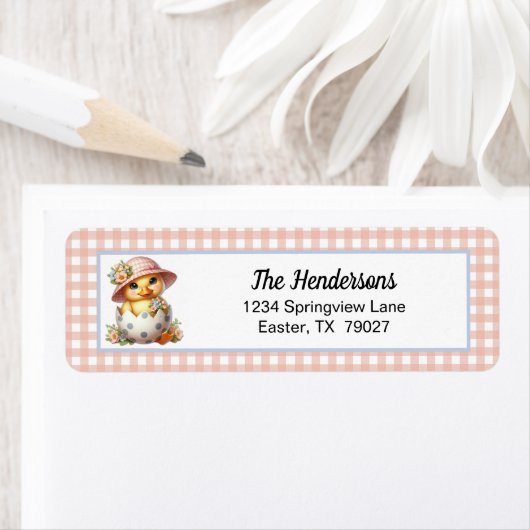 Duckling Chick in Easter Egg on Pink Gingham Plaid ラベル (インサイチュ)