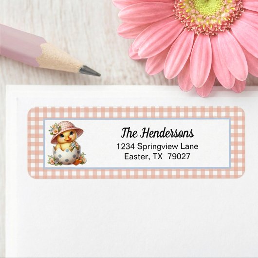 Duckling Chick in Easter Egg on Pink Gingham Plaid ラベル