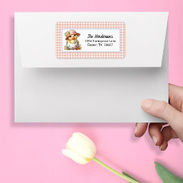 Duckling Chick in Easter Egg on Pink Gingham Plaid ラベル