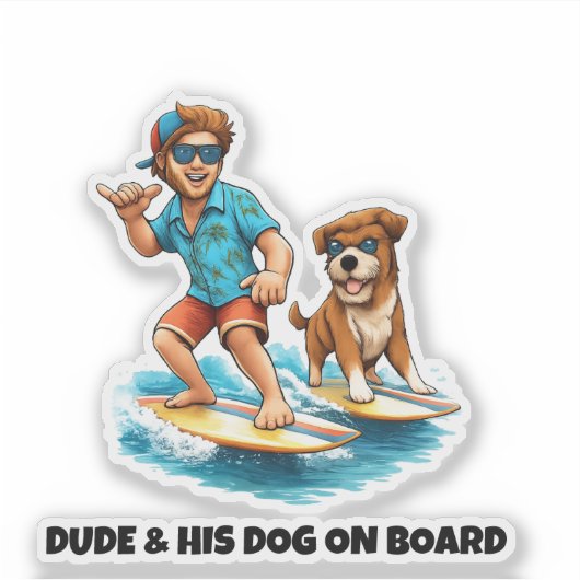 Dude and His Dog Surfing Sticker – Fun Dog & Surf シール (正面)