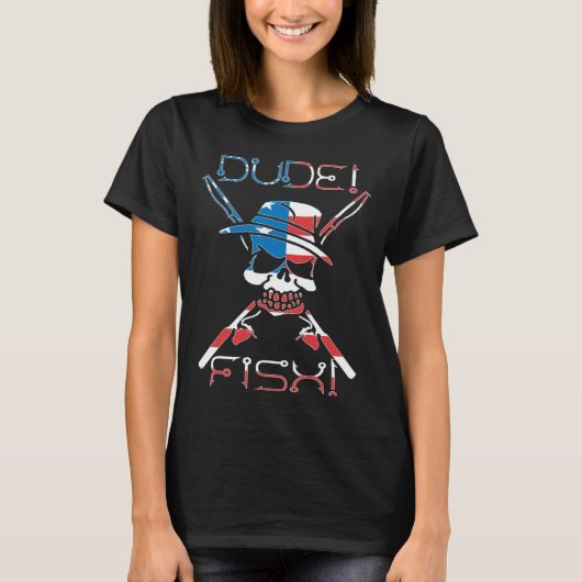 Dude Fish Skull & Fishing Rod American Flag Tシャツ (正面)