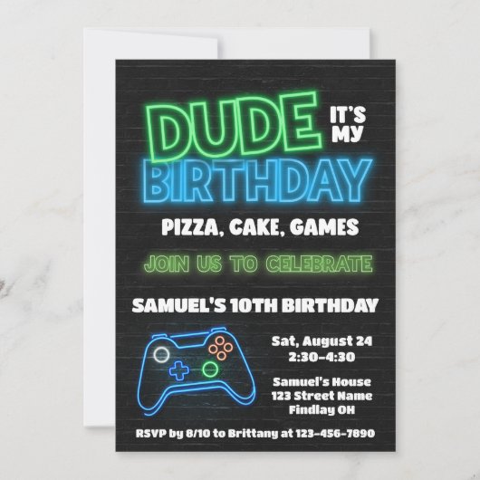 Dude It's My誕生日ピザケーキゲームパーティー 招待状 (正面)