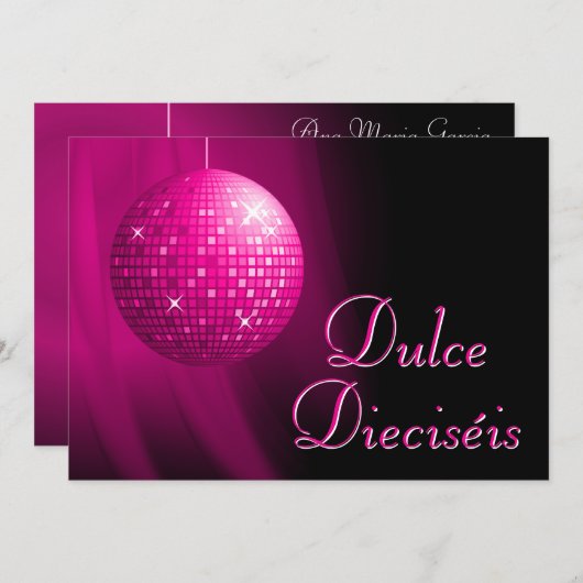 Dulce Dieciséis Disco Ball Rosa Fiesta  招待状 (正面/裏面)