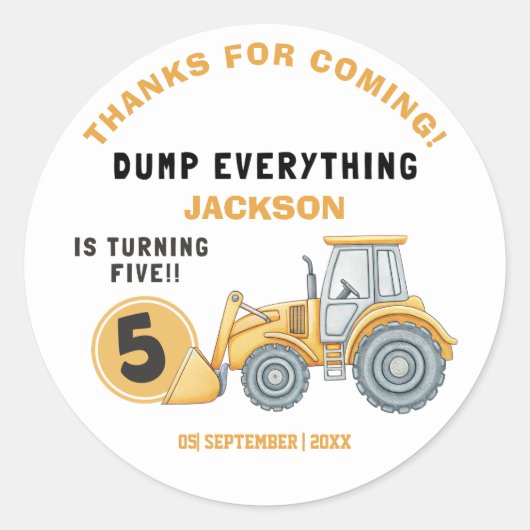 "DUMP EVERYTHING! Construction Birthday 5 ラウンドシール (正面)