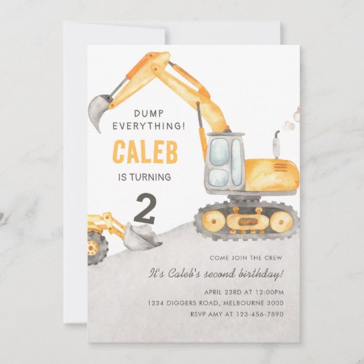 Dump Everything Construction Truck 2nd Birthday 招待状 (正面)